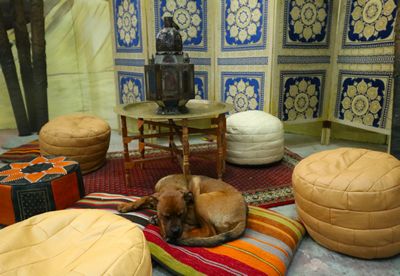 Pouffe  Leather  in Beige Cream and Ochre