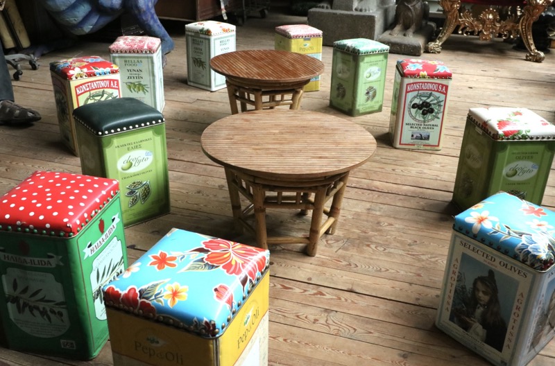 Tin Box.  Seat with Cushion.