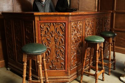Bar Stool wood wth. Green leather