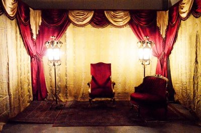 Curtain and Draperies  on bar , Cream/Bordeaux
