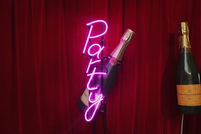 Champagne Bottle with Led-Neon-Light "Party" on Foot